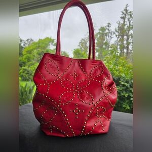 Large Red Leather Studded Tote Cary all